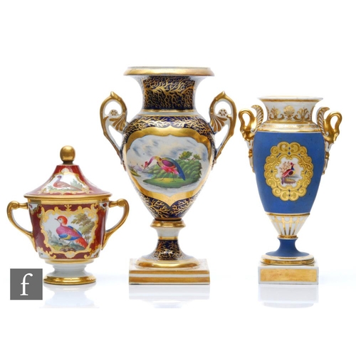 52 - Three 19th Century vases of varying form comprising a pedestal vase decorated with a cartouche panel... 