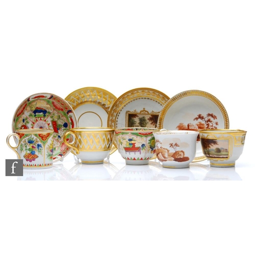 58 - Four 19th Century teacups and saucers comprising a Barr Worcester Dragons in Compartments pattern cu... 