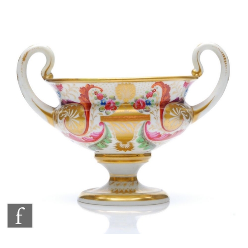 8 - A small 19th Century Derby pedestal urn decorated with gilt urns and garlands of hand painted flower... 