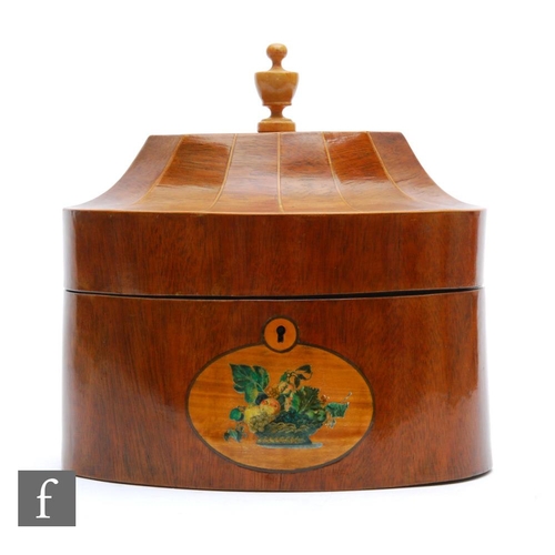 834 - A 20th Century Sheraton style mahogany and satinwood wood tea caddy, the shaped top mounted with an ... 