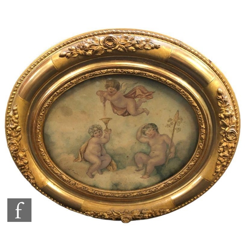 499 - L. FOWLER (LATE 19TH CENTURY) - Cherubs, watercolour, signed, oval, in decorative moulded gilt and g... 