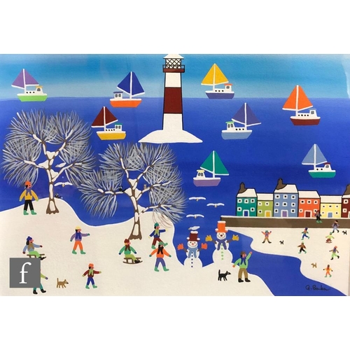 502 - GORDON BARKER (BORN 1960) - 'Joyful Day at the Snowy Harbour', acrylic on paper, signed, signed and ... 