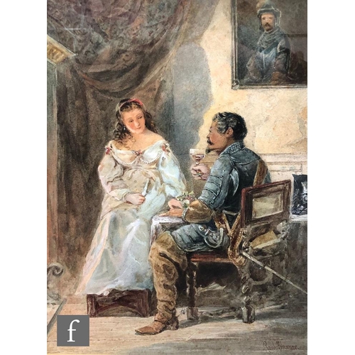 511 - PAUL BLENNER (LATE 19TH CENTURY) - A cavalier and lady sitting at a table, watercolour, signed, fram... 