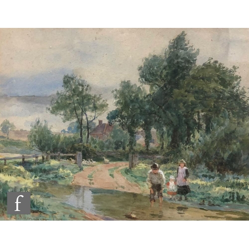 515 - JAMES AUMONIER (1832–1911) - Figures beside a stream in a wooded landscape, watercolour, signed and ... 