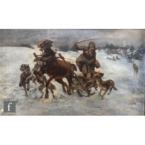 534 - FOLLOWER OF ALFRED WIERUSZ-KOWALSKI - A horse drawn sledge under attack from wolves, oil on canvas, ... 