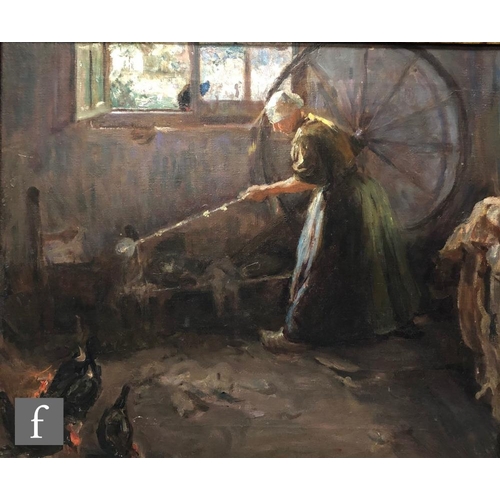 546 - FRENCH SCHOOL (MID 19TH CENTURY) - Woman at a spinning wheel in a cottage interior, oil on canvas, i... 