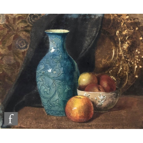 557 - WILLIAM HOUGH (1819-1897) - A fruit bowl and blue vase on a table top, watercolour, signed, framed, ... 