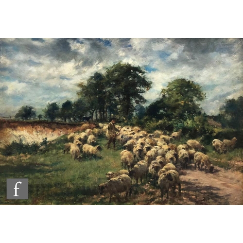 561 - WILLIAM MARK FISHER, RA (1841-1923) - Shepherd with his flock on a sunlit farm track, oil on canvas,... 