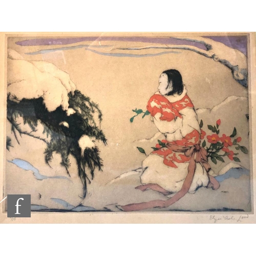 570 - ELYSE ASHE LORD (1900-1971) - A winter scene with Japanese lady kneeling in prayer, etching, signed ... 