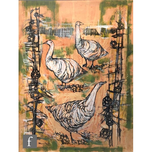 571 - F. J. STEWART-SMITH (LATE 20TH CENTURY) - 'Geese in Relief', gouache and crayon drawing, signed and ... 