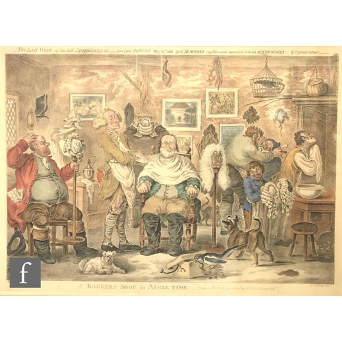 572 - AFTER JAMES GILLRAY - 'A Barber's Shop in Assize Time', hand coloured reprint, 39cm x 57cm, frame si... 