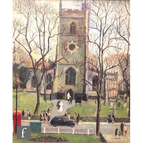 574 - SYLVIA ROCHFORD (MID 20TH CENTURY) - Wedding day at St. Nicolas Church, Nuneaton, oil on canvas, sig... 