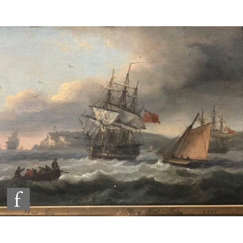 579 - ATTRIBUTED TO THOMAS LUNY (1759–1837) - Ships of the Line and other vessels off Berry Head, oil on p... 