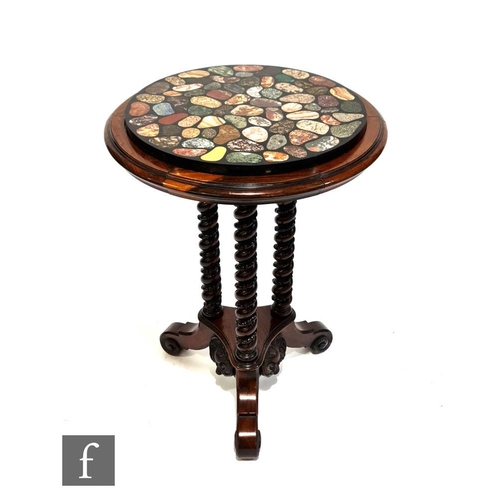 1135 - A mid 19th Century Italian specimen marble pietra dura table top of circular form, raised on a walnu... 