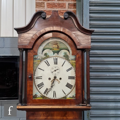 1151 - A 19th Century mahogany longcase clock, painted dial with moon phase and eight day striking movement... 