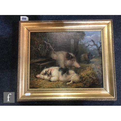 555 - ATTRIBUTED TO JAMES WARD, RA (1769-1859) - Three Pigs, oil on canvas, bears signature, framed, 30cm ... 