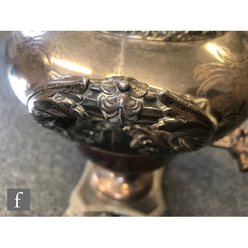 363 - A late Victorian silver plated samovar, the square section plinth base raised on scrolling acanthus ... 