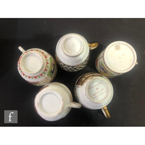 58 - Four 19th Century teacups and saucers comprising a Barr Worcester Dragons in Compartments pattern cu... 
