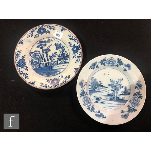 85 - Four 19th Century tin glazed plates of varying form each decorated in blue and white with Chinoiseri... 