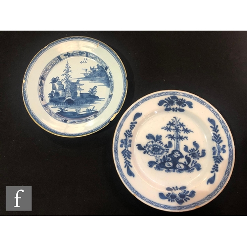 85 - Four 19th Century tin glazed plates of varying form each decorated in blue and white with Chinoiseri... 