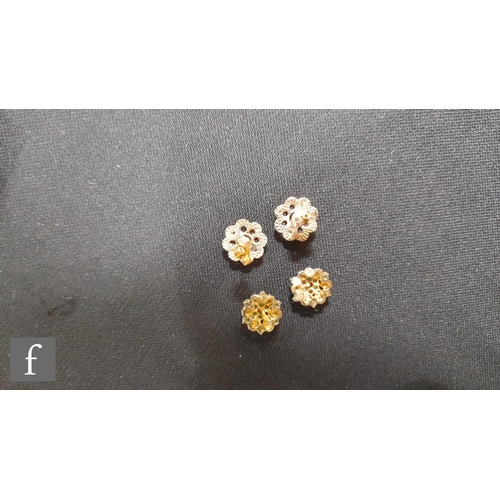 380 - A pair of sapphire and diamond cluster stud earrings, with a similar emerald and diamond pair, latte... 