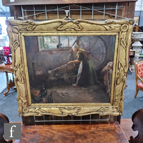 546 - FRENCH SCHOOL (MID 19TH CENTURY) - Woman at a spinning wheel in a cottage interior, oil on canvas, i... 