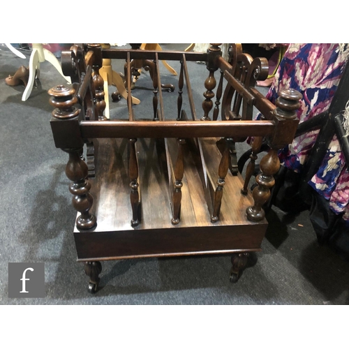 1137 - A 19th Century rosewood four division Canterbury, with lyre shaped end supports above a single friez... 