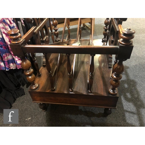 1137 - A 19th Century rosewood four division Canterbury, with lyre shaped end supports above a single friez... 