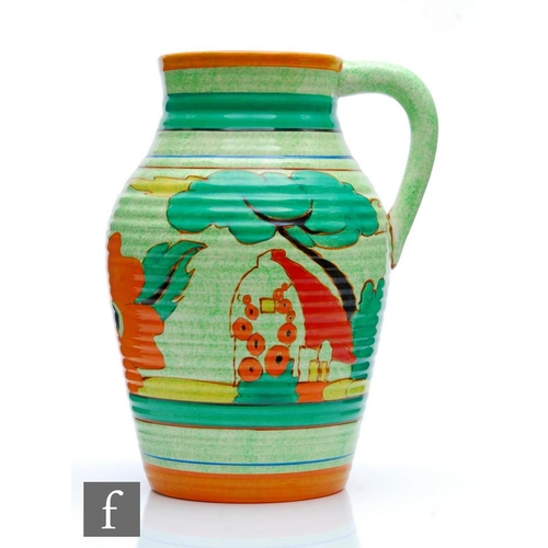 164 - Clarice Cliff - Red Roofs Cafe au Lait - A 12 inch single handled Lotus Jug circa 1932, hand painted... 