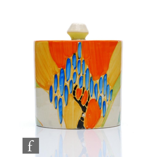 167 - Clarice Cliff - Windbells - A size 3 drum shaped preserve pot and cover circa 1932, hand painted wit... 