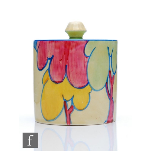 168 - Clarice Cliff - Pastel Autumn - A size 3 drum shaped preserve pot and cover circa 1932, hand painted... 