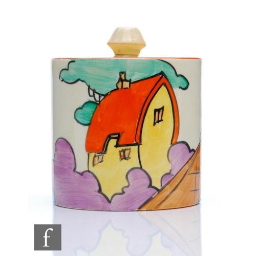 174 - Clarice Cliff - Orange Roof Cottage - A size 3 drum preserve pot circa 1932, hand painted with a sty... 