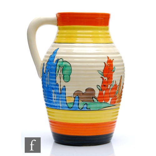 186 - Clarice Cliff - Orange Roof Cottage - A single handled Lotus jug circa 1932, hand painted with a sty... 