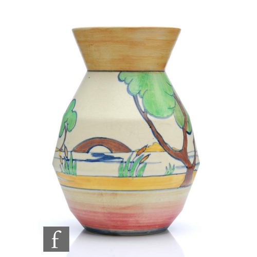 219 - Clarice Cliff - Gloria Bridge - A shape 360 vase circa 1930, hand painted with a stylised river land... 