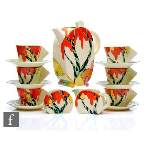 233 - Clarice Cliff - Honolulu - A Bon Jour shape coffee service comprising coffee pot, milk, sugar, six c... 