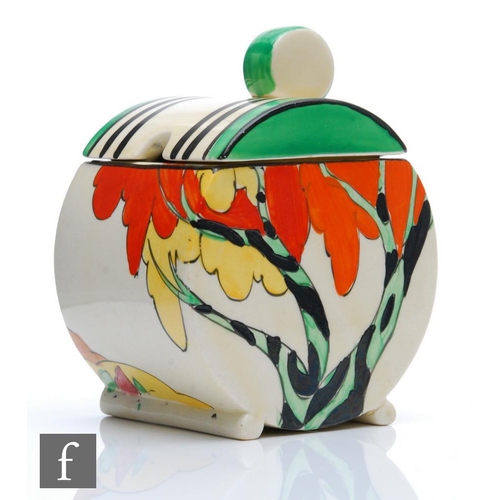 241 - Clarice Cliff - Honolulu - A Bon Jour shape preserve pot and cover circa 1933, hand painted with a s... 