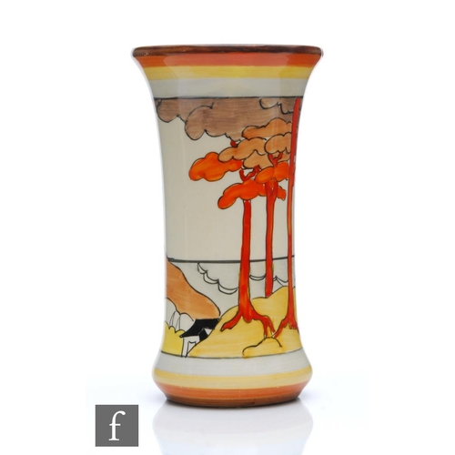 245 - Clarice Cliff - Coral Firs - A shape 206 vase circa 1933, hand painted with a stylised tree and cott... 