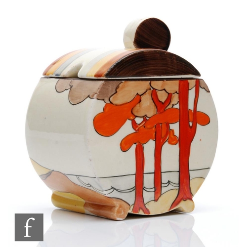 263 - Clarice Cliff - Coral Firs - A Bon Jour shape preserve pot and cover circa 1933, hand painted with a... 