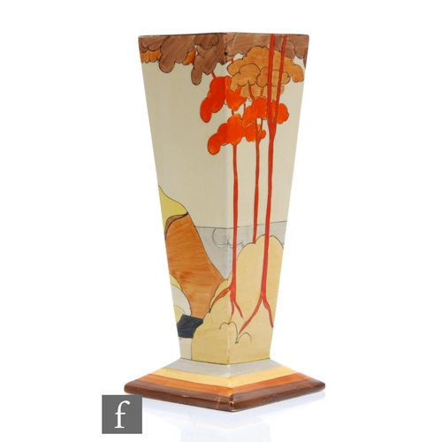 269 - Clarice Cliff - Coral Firs - A shape 656 vase of footed square section circa 1933, hand painted with... 