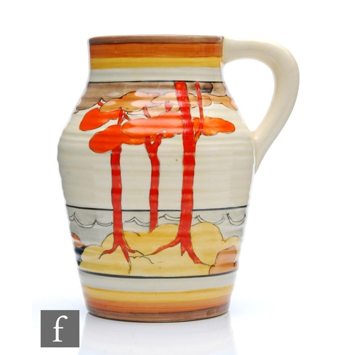 270 - Clarice Cliff - Coral Firs - A small size single handled lotus jug circa 1933, hand painted with a s... 