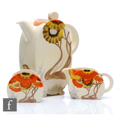 272 - Clarice Cliff Rhobanthe - A Bon Jour shape coffee pot, cream and sugar circa 1934, hand painted with... 