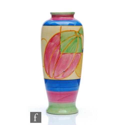 282 - Clarice Cliff - A shape 186 vase circa 1930, hand painted with a band of abstract fruit between pink... 