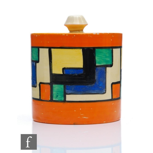 296 - Clarice Cliff - Mondrian - A size 3 drum preserve circa 1929, hand painted in an abstract block and ... 