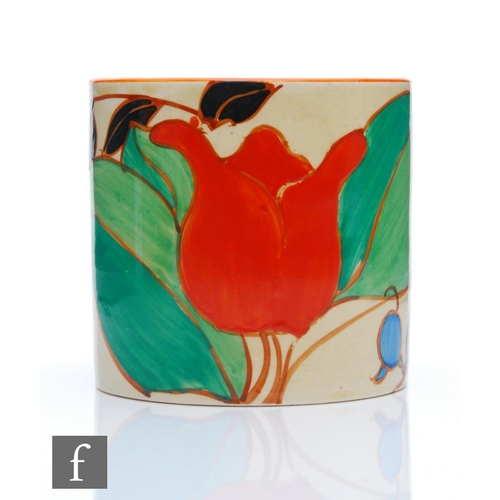 358 - Clarice Cliff - Red Tulip - A size 3 Drum shape preserve pot circa 1930, hand painted with two large... 