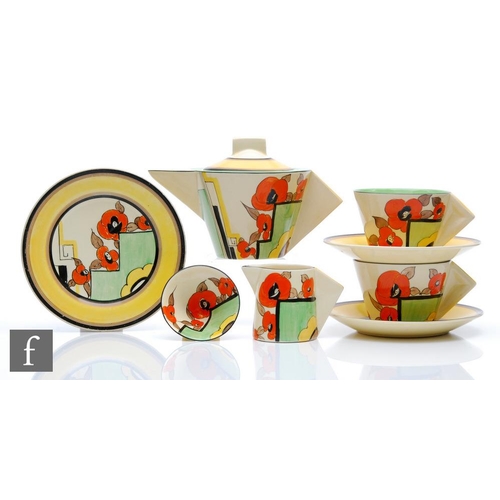 396 - Clarice Cliff - Newport (Green) - A conical shape early morning breakfast set comprising teapot, mil... 