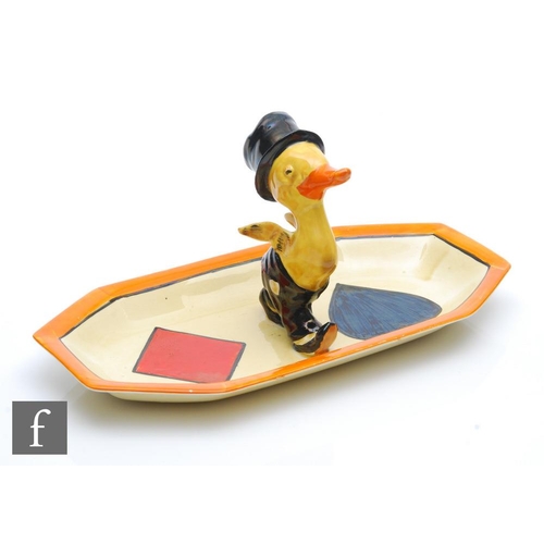 401 - Clarice Cliff - Mr Puddleduck - Bridge - A shape 334 sandwich tray circa 1930, decorated with an app... 