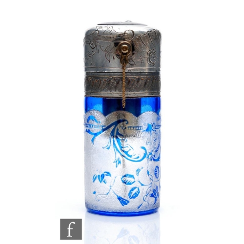 52 - Baccarat - An early 20th Century cameo glass and silver atomiser of cylindrical form, cased in blue ... 