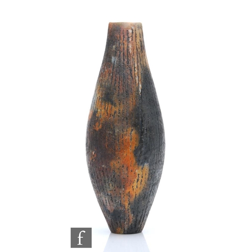 1206 - Unknown - A contemporary studio pottery vase of swollen sleeve form decorated with incised detail ov... 