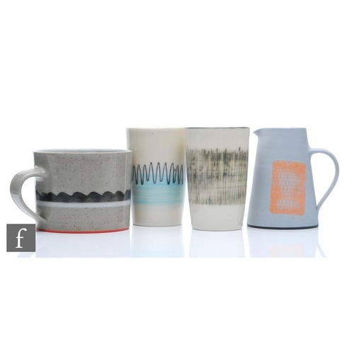 1218 - James and Tilla Waters - Four pieces of contemporary studio pottery comprising a breakfast mug, two ... 