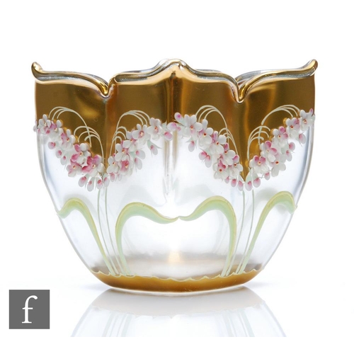 38 - Moser - An Art Nouveau glass posy vase, of quatrefoil form, with raised enamel lily of the valley de... 